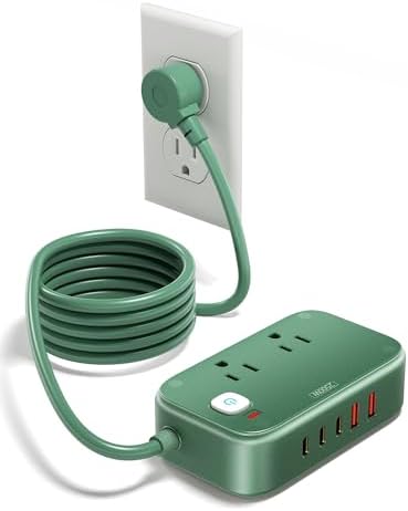 Cruise-Approved Travel Power Strip – 5 USB Ports (Including 2 USB-C) and 2 Outlets for Efficient Multi-Device Charging, 40 W Compact Travel Charger with 5 Ft Flat Plug Extension Cord, Eco-Friendly Green Design for Hassle-Free Connectivity on the Go