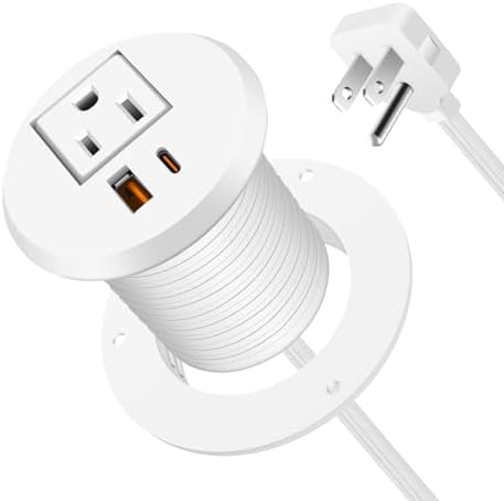 Revolutionize Your Workspace with the 2-Inch Desk Power Grommet Featuring PD 20 W USB-C Fast Charging, Ultra-Flat Plug Design, and Recessed Outlet for Seamless Cable Management – Perfect for Home or Office Use with 6 ft Power Cable (White)