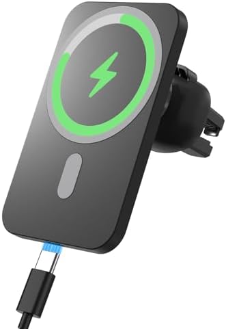 HYDGYC 15 W Fast Wireless Car Charger for i Phone – Mag Safe-Compatible Air Vent Charging Pad with 360° Rotation for Optimal Viewing – Essential Accessory for i Phone 16/15/14/13/12 (Sleek White Design) – Effortless Installation & Secure Hold for On-the-Go Power
