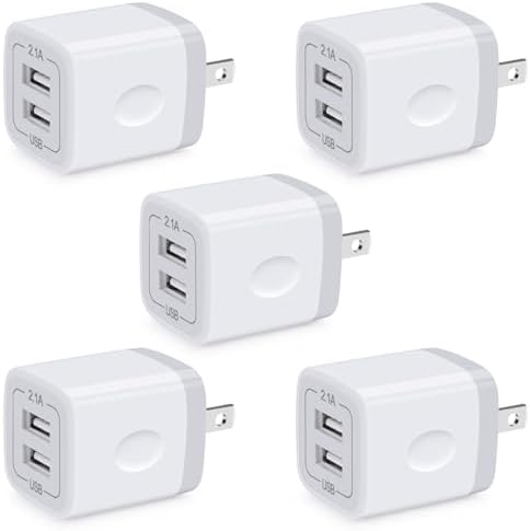 Dual-Port Fast Charging USB Wall Charger Block – 5 Pack, 2.1 A Adapter for i Phone, Samsung Galaxy, and Google Pixel Devices – Portable Power Solution for Home, Office, and Travel – Enhanced Compatibility and Safety Features
