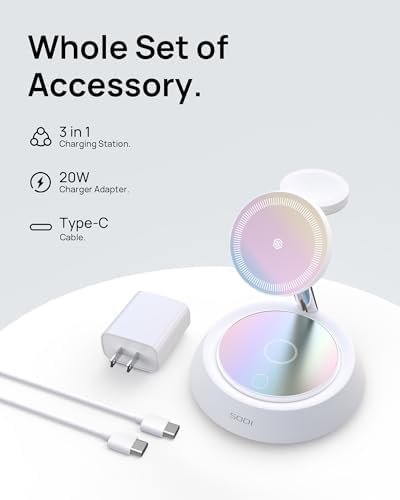 SODI 3-in-1 Magnetic Wireless Charging Station with Ambient Light – 15 W Fast Charger for i Phone 16, 15, 14, 13, 12 Pro/Max, Air Pods & Apple Watch – Sleek Design for Effortless Device Organization and Enhanced Charging Efficiency