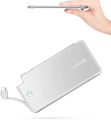 Ultra-Slim Luxtude Portable Charger with Built-in MFi Lightning Cable – 5000 m Ah Power Bank for i Phone 14, 13, 12, 11, 10 | Sleek Metal Black Design for Effortless Charging On-the-Go | Lightweight and Durable Phone Battery Pack for Everyday Use