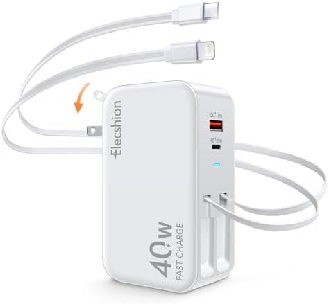 Revolutionary 4-Port USB C Retractable Wall Charger – 40 W Fast Charging Power Brick with Dual PD/QC Technology and 2.95 FT Lightning/Type-C Cable – Compact, Foldable Travel Adapter for i Phone 16/15, Samsung, LG, i Pad – Optimal Universal Compatibility for Seamless Home and Travel Charging Solutions