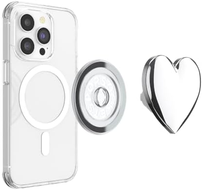 Elevate Your Smartphone Experience with the Mag Safe Compatible Pop Sockets Grip – Stylish Enamel Silver Heart Design, Magnetic Phone Stand & Secure Grip for i Phone, Ideal for Hands-Free Viewing & Effortless Wireless Charging, Customizable Swappable Top for Personal Flair