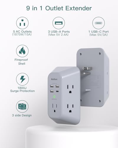 Addtam 5-Outlet Surge Protector with 4 USB Fast Charging Ports – Versatile Outlet Extender Power Strip for Home and Dorm Room Use, Enhanced Safety Features with Built-in Surge Protection, Compact Design for Easy Travel and Maximum Device Compatibility