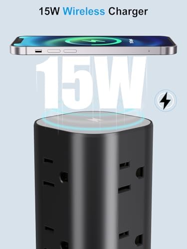 Ultimate Power Strip Tower with 15 W Wireless Charger and 10 FT Extension Cord – 12 AC Outlets & 4 USB Ports (2 USB-C) – Space-Saving Surge Protector for Home, Office, and Dorm Use – Advanced Compatibility for All Devices