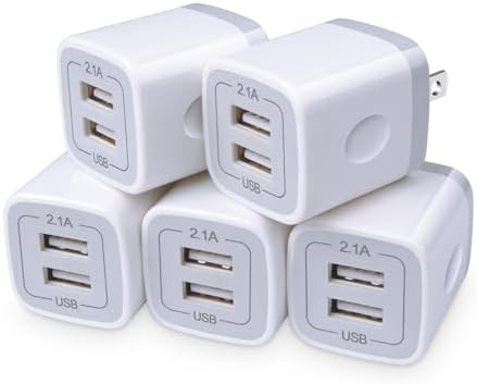 Dual-Port USB Wall Charger Set – Fast 2.1 Amp Power Adapter 5-Pack for i Phone and Android Devices – Compact Charging Blocks with Enhanced Safety Features – Perfect for Home and Travel Convenience