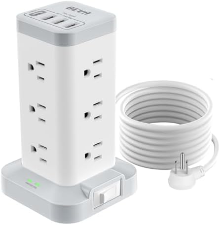 Maximize Workspace Efficiency with the BEVA Surge Protector Power Strip Tower – 12 AC Outlets & 4 Fast-Charging USB Ports, 6.5 FT Extension Cord for Optimal Device Organization and Safety in Office and Home Settings