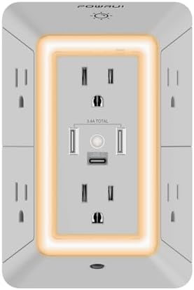 POWRUI 6-Outlet Surge Protector with 3 USB Ports (1 USB-C) and Integrated Night Light – Space-Efficient Power Strip for Home & Office – ETL Listed for Ultimate Safety and Fast Charging – Versatile 3-Sided Design with Adapter Spaced Outlets for Large Plugs – Streamline Your Charging Needs with Enhanced Compatibility and Reliability