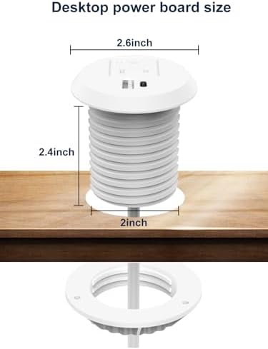 Recessed Desktop Power Grommet with PD 20 W Fast Charging USB-C and QC3.0 USB-A Ports – ETL Certified 2-Inch Outlet for Office, Home, Nightstand, and Kitchen with 6 ft Extension Cord (Black) – Streamlined Charging Solution to Minimize Clutter and Maximize Efficiency