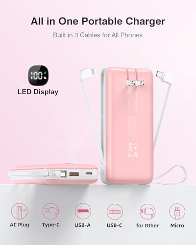 Ultra-Slim 10000 m Ah Fast Charging Power Bank with Built-In Cables & AC Plug – Versatile 5 Output USB-C Portable Charger for i Phones, Samsung, Android & More – Perfect for Travel & On-the-Go Power Solutions