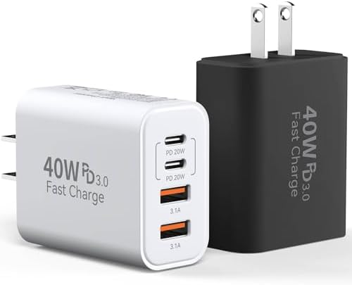 40 W USB C Charger Block – Dual Pack of 4-Port Fast Charging Power Bricks with PD & QC 3.0 Technology for i Phone 16/15/14/13/12/11 Pro Max, i Pad, Galaxy, Pixel – Sleek White & Blue Design for Convenient Multi-Device Charging
