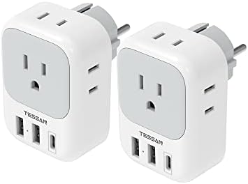TESSAN Dual Pack European Travel Adapter with 4 AC Outlets and 3 High-Speed USB Ports – Ultimate International Power Converter for Seamless Device Charging in Italy, Spain, France, Portugal, Germany, and Iceland – Essential Travel Accessory for Modern Explorers