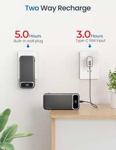 12000 m Ah Ultra-Light Portable Power Bank with Built-In Cables & AC Wall Plug – PD20 W USB-C Fast Charging for i Phone, Samsung & Android – LED Display for Battery Monitoring – Ultimate Travel Companion for Quick Device Recharging