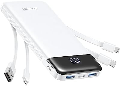 Ultra-Slim 10,000 m Ah Portable Power Bank with Built-In Charging Cables – 6 Outputs, 3 Inputs, Fast 3 A Charging for Universal Device Compatibility – Essential Travel Battery Pack for i Phone, Samsung, Google Pixel, LG, and More