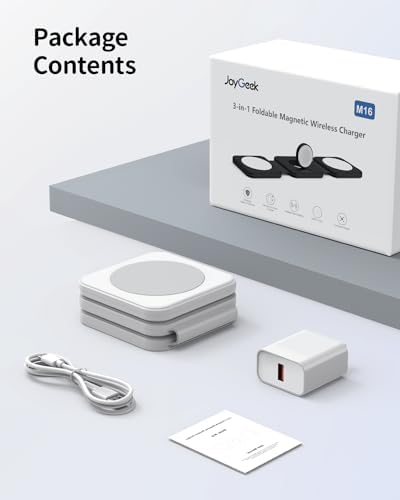 Magnetic 3-in-1 Charging Station for Apple Devices – Joy Geek Wireless Charger Pad with Foldable Travel Stand for i Phone 15/14/13/12, Apple Watch Series 9-2 & Air Pods Pro – Fast, Efficient, and Portable Power Solutions for Tech Enthusiasts