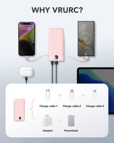 VRURC 10,000 m Ah USB C Power Bank with Built-in Cables & AC Wall Plug – Compact Lightweight Travel Charger for Smartphones & Tablets – Ultimate Convenience & Enhanced Charging Speed