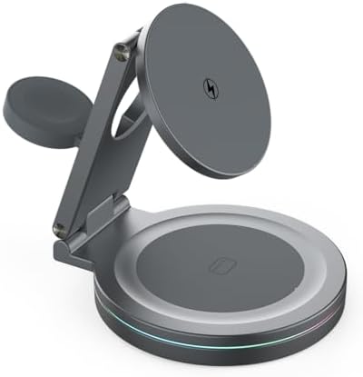 Revolutionary 3-in-1 Foldable Magnetic Wireless Charging Station for i Phone, Apple Watch & Air Pods – 15 W Fast Charge, 360º Rotatable Zinc Alloy Design – Portable Power Hub with Adapter for Seamless Compatibility and Superior Durability in Gray