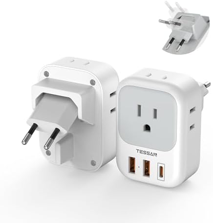 TESSAN Dual Pack European Travel Adapter with 4 AC Outlets and 3 High-Speed USB Ports – Ultimate International Power Converter for Seamless Device Charging in Italy, Spain, France, Portugal, Germany, and Iceland – Essential Travel Accessory for Modern Explorers
