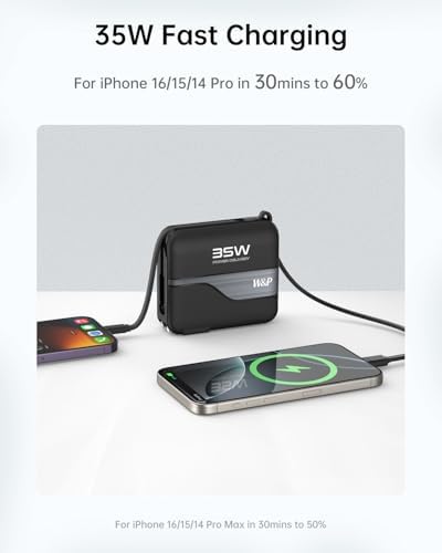 W&P Ultimate Travel Power Bank: 20,000 m Ah Portable Charger with Built-in Cables & AC Plug for 35 W Fast Charging – Ideal for i Phone 16/15/14/13/12 Pro, i Pad, Mac Book Air & Samsung Devices, Your Essential On-the-Go Power Solution