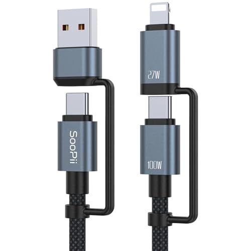 SOOPII 100 W 6.6 FT 4-in-1 Multi-USB C Charging Cable – Fast Charging Solution with USB-C, USB-A, and Lightning Connectors – Durable Nylon Braided Design for Phones, Tablets, and Laptops – Ultimate Versatility for Home and Travel