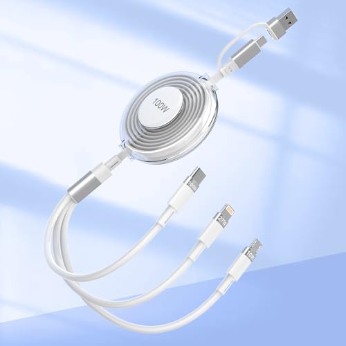 Ultimate 100 W USB C Multi-Device Charging Cable – Retractable Car Charger for i Phone 15, Samsung Galaxy S24, i Pad & Mac Book – Fast Charging with 27 W IP & 10 W Micro USB – 4 FT Length for Maximum Convenience & Versatility – Durable & Compact for Travel and Everyday Use