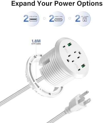 Revolutionize Your Workspace with the Elite Desktop Power Grommet: 40 W Fast Charging Hub Featuring 2 PD 20 W USB-C Ports, Dual AC Outlets, 4 USB Ports, and 6 ft Cord for Optimal Flexibility – Sleek Recessed Design for a Clutter-Free Desk Environment