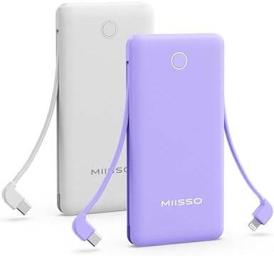 miisso 10000 m Ah Ultra-Slim Portable Power Bank with Integrated Charging Cables – Multi-Device USB-C Travel Charger for i Phone & Samsung – Compact, Lightweight Battery Pack Designed for Maximum Portability and Efficiency