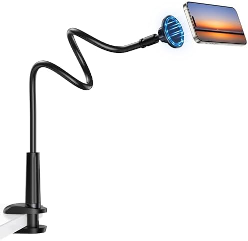 Magnetic Gooseneck Phone Holder Mount for iPhone 16/15/14/13/12 – Magnetic Stand Tabletop Clamp 360°Rotation Adjustable for Office/Home Compatible with iPhone 16 15 14 13 12 Mini Plus Pro Max – Enhanced Compatibility and Speed