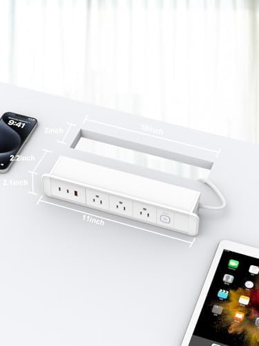 Recessed USB C Power Strip with 65 W Fast Charging – Sleek Desk-Mounted Outlet Kit Featuring 3 AC Outlets and 6 ft Flat Plug Cable for Organized Home, Office & Kitchen Spaces – Ultimate Surge Protector and Space-Saving Charging Solution