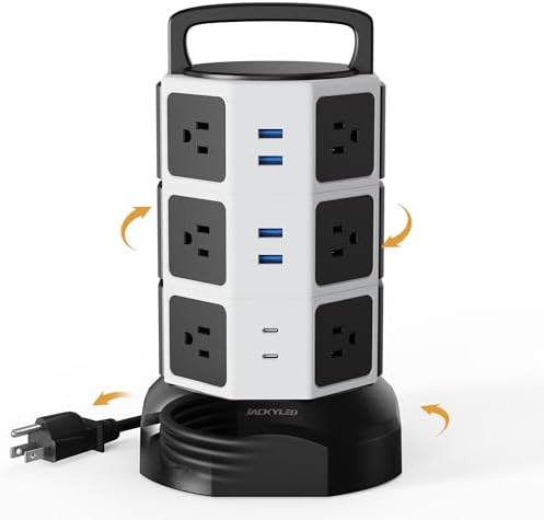 JACKYLED Power Strip Tower Surge Protector with 12 Outlets and 6 USB Ports (2 USB-C) – High-Speed Charging Station with 1050 Joules Protection, 1625 Watts, 6.5 ft Extension Cord for Enhanced Home Office Efficiency and Device Safety
