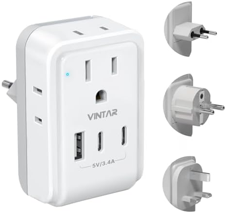 VINTAR All-in-One Global Travel Adapter: Ultimate Universal Power Converter with 4 AC Outlets & 3 High-Speed USB Ports (2 USB-C) – Enhanced Worldwide Compatibility for Europe, UK, Australia, Japan, and Africa – Must-Have Travel Accessory with Interchangeable Plug Attachments for Effortless Device Charging