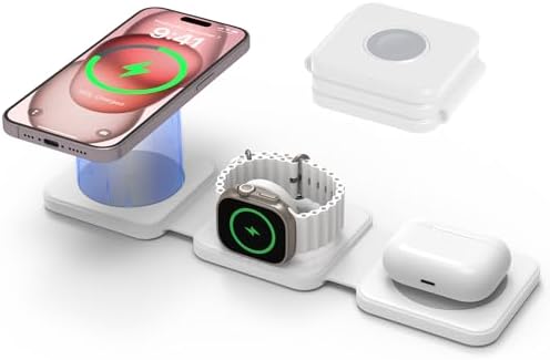 Magnetic 3-in-1 Charging Station for Apple Devices – Joy Geek Wireless Charger Pad with Foldable Travel Stand for i Phone 15/14/13/12, Apple Watch Series 9-2 & Air Pods Pro – Fast, Efficient, and Portable Power Solutions for Tech Enthusiasts