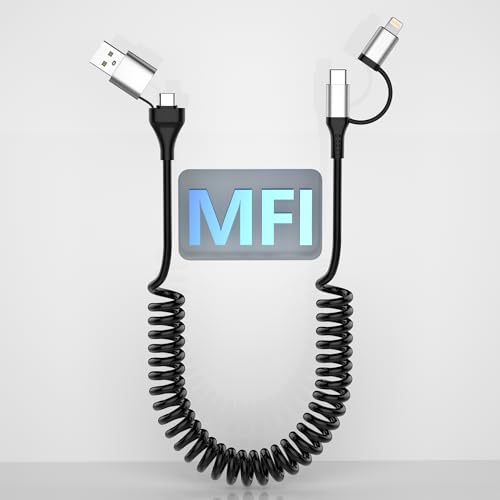 60 W Versatile 4-in-1 Coiled Charging Cable for Apple Car Play & Android Auto – USB to USB C and Lightning Connector for i Phone, Android Devices, i Pad & Laptops – 3 Ft Tangle-Free Design for Rapid Data Sync & Fast Charging – Durable Black Accessory for Seamless Connectivity