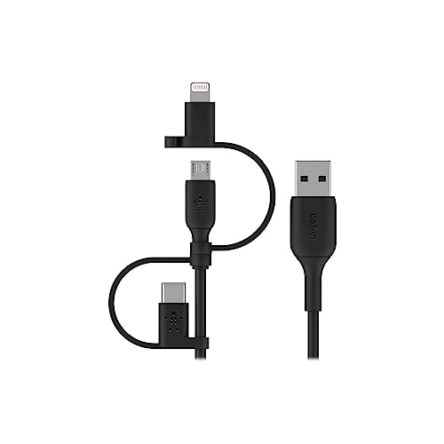 Belkin 3-in-1 Universal USB-A Charging Cable – Lightning, Micro-USB & USB-C Connectors for i Phones, i Pads, Galaxy Smartphones & Tablets – High-Speed Power Delivery & Durable Design – Sleek Black Tangle-Free Cord for Ultimate Portability & Efficiency