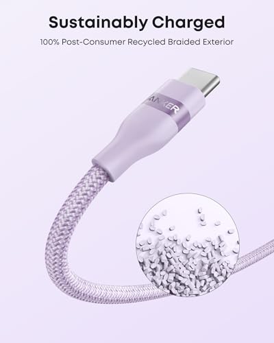 Eco-Friendly Anker Car Play Cable – 6 ft Upcycled Braided USB A to USB C Charger for i Phone 16, 15 Pro Max & Samsung Note20 – Fast Charging & Seamless Connectivity in Stylish Violet – Durable, Tangle-Free Design for Ultimate Driving Experience
