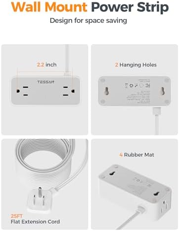 TESSAN 5 FT Flat Plug Extension Cord with 4 AC Outlets, 1 USB-C & 2 USB-A Ports – 900 Joules Surge Protector Power Strip for Home Office & Dorm Room – Maximize Charging Efficiency & Space Savings with Versatile Power Accessory