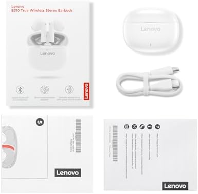 Lenovo E310 True Wireless Earbuds – Cutting-Edge Bluetooth 5.3 with Advanced Environmental Noise Cancellation for Crystal Clear Audio – 20-Hour Battery Life for All-Day Use & Comfortable Ergonomic Design – Ideal for Music Enthusiasts and Professionals in Stylish White Finish