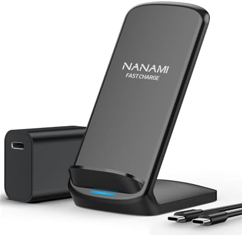 NANAMI Premium Fast Wireless Charging Stand – 20 W USB-C Adapter Included, Compatible with i Phone 16/15/14/13/12 Pro/Pro Max & Samsung Galaxy S25/S24/S23/S22 – Sleek, Compact Design with Safety Features for Efficient, Hands-Free Charging Experience