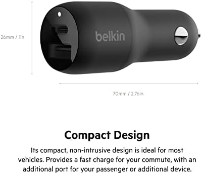 Belkin 37 W Dual USB Car Charger – Fast Charge Your i Phone 14, Samsung Galaxy & More with 25 W USB-C & 12 W USB-A Ports – Includes Lightning Cable for Enhanced Compatibility – PPS Charging for Optimal Speed & Safety – Compact & Durable Design for Road Trips & Daily Use