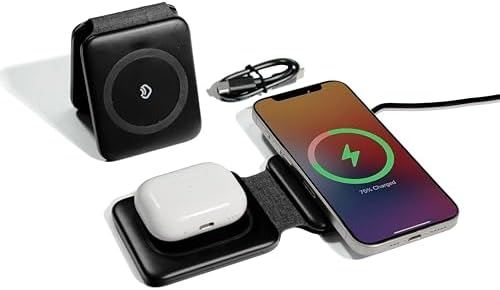 Magnetic Wireless Charging Pad – 2-in-1 Portable Charger for Mag Safe, Perfect Travel Solution for i Phone 16, 15, 14, 13 Pro Max & Air Pods – Compact Foldable Design with Enhanced Speed & Compatibility for On-the-Go Power Needs