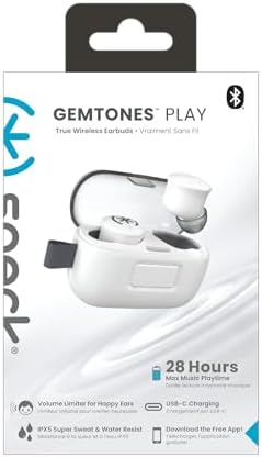Speck Gemtones Wireless Earbuds – Bluetooth 5.3 Headphones with 28 Hours of Battery Life, USB-C Charging & Custom EQ App for i Phone & Android Users – Stylish White Album Design with Two-Year Warranty for Ultimate Audio Experience