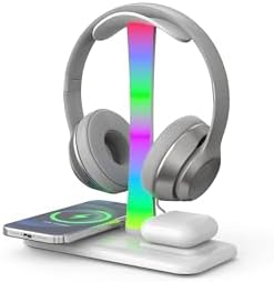 Multifunctional 5 in 1 Headphone Stand & 15 W Fast Wireless Charging Station – Sleek Organizer for i Phone 15/14/13/12/11/XS/XR/X & Air Pods 3/2/Pro/2 – Optimal Desk Solution for Gamers and Professionals – Durable, Clutter-Free Design in Elegant White
