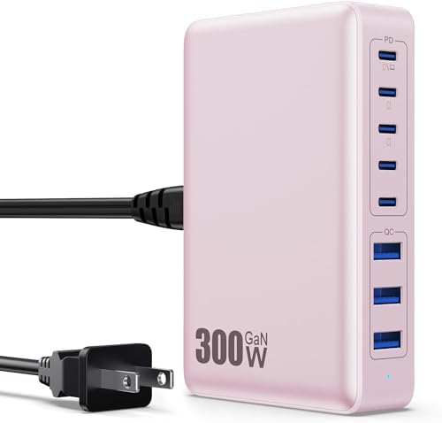 300 W USB C Fast Charging Hub – 8-Port Ga N III Charger for Mac Book Pro/Air, Dell, i Phone 16/15/14, Galaxy S23/22 – Ultimate Power Delivery Station for Home and Office Efficiency – Sleek Black Design with Enhanced Compatibility
