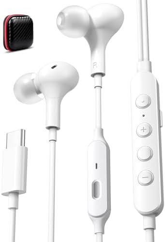 Ultimate USB C In-Ear Headphones: Premium Noise Cancelling Stereo Bass Earbuds for i Phone 16 Pro Max & Samsung Galaxy S Series – Tailored Sound Effects for Personalized Music Experience – Lightweight, Durable White Design Perfect for Commuters, Fitness, and Home Use – Integrated Microphone for Crystal-Clear Calls and Enhanced Audio Clarity