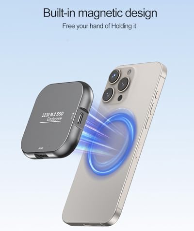 Revolutionize Your Storage with the Magnetic M.2 2230 NVME Enclosure for i Phone 15/16 Pro Max – Ultra-Fast USB-C 3.2 Gen2 Adapter, 10 Gbps Transfer Speeds, 100 W PD Charging, Lightweight Aluminum SSD Case for Android/i Pad/Mac Book – Perfect for Creative Professionals and Tech Enthusiasts!