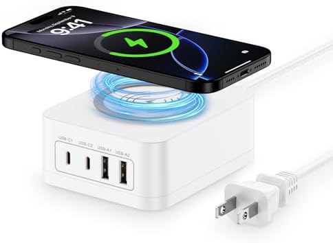 60 W Multi-Port USB Charging Hub with 15 W Wireless Charger – Ultimate Fast Charge Station for Samsung Galaxy S25, i Phone 16, i Pad & Pixel Devices – Sleek Desktop Organizer with 2 USB-A & 2 USB-C Ports for Enhanced Compatibility and Efficiency