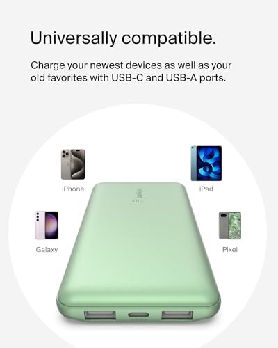 Belkin 10,000 m Ah Portable Charger – Fast Charging USB C Power Bank with Dual USB-A Ports for Multiple Devices, Includes Type-C to Type-A Cable, Compatible with i Phone 16, Samsung Galaxy S25, Nintendo Switch 2, i Pad & More – Lightweight Blue Design for Effortless Portability and Enhanced Power Delivery