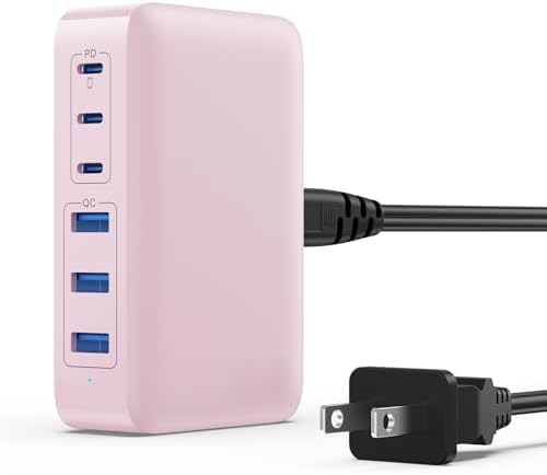 108 W Pink Ga N III USB C Charging Hub – 6-Port Fast Charger for i Phone 15 Pro, Samsung & More – Quick Charge & Power Delivery Compatible – Stylish Multi-Device Power Station with Intelligent Safety Features – Ideal for Home, Office & Travel Use