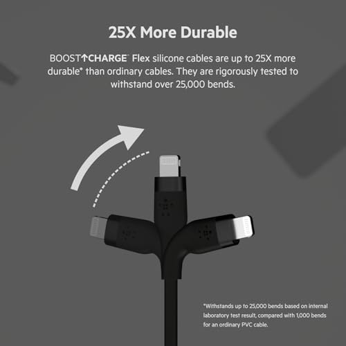 Belkin Boost Charge Flex Silicone USB Type A to Lightning Cable 2-Pack (3.3 FT) – MFi Certified Durable Charging Solution for i Phone 13, 12, 11, Pro, Max, Mini, SE, i Pad – Enhanced Flexibility and Fast Charging Performance in Sleek Black Finish